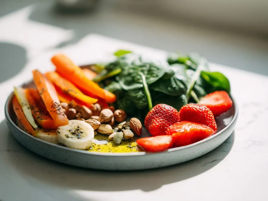 Imagem de um prato com vegetais coloridos, nozes e frutas regados com azeite, em uma composição nutricional equilibrada.