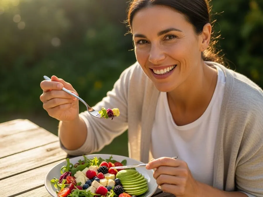 Fotografia de uma pessoa sorridente comendo uma salada colorida rica em antioxidantes ao ar livre, sob luz natural suave.