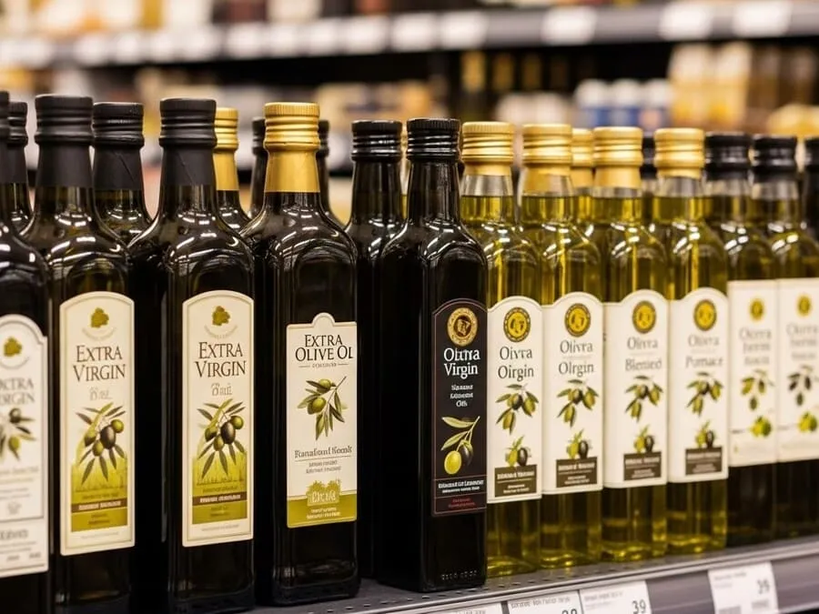 Imagem de uma prateleira de supermercado com várias garrafas de azeite de oliva, incluindo extravirgem, virgem, composto e de bagaço, iluminadas com luz suave.