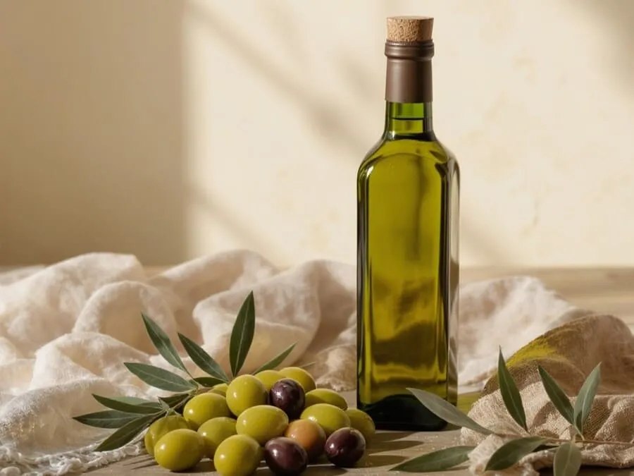 Imagem rústica de azeitonas frescas verdes e pretas ao lado de uma garrafa de azeite extravirgem em uma mesa de madeira, com fundo natural.