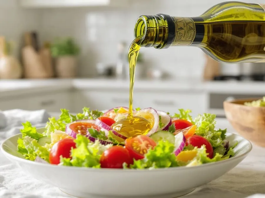 Imagem de uma salada colorida com folhas verdes, tomates e pepinos sendo regada com azeite extravirgem, com a garrafa ao fundo em uma mesa bem iluminada.
