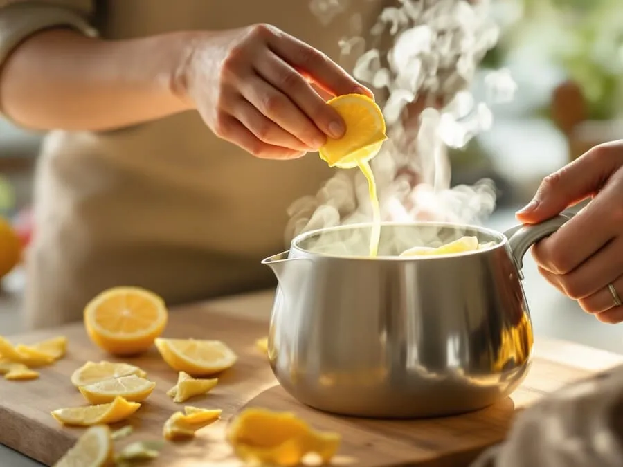 Imagem de mãos preparando chá de limão, adicionando fatias e casca de limão a uma chaleira com água quente, em uma cozinha acolhedora com limões frescos ao fundo.