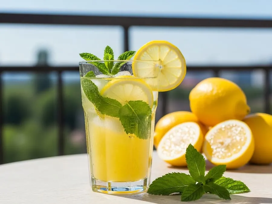 Fotografia de um copo de suco de limão com hortelã e gelo, servido em uma varanda ensolarada, com limões cortados ao fundo, em um ambiente refrescante.