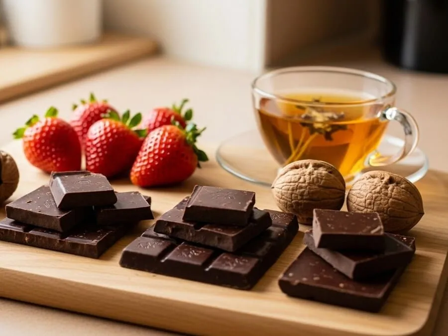 Imagem de uma tábua com chocolate amargo, morangos, nozes e uma xícara de chá, em uma composição saudável e apetitosa.