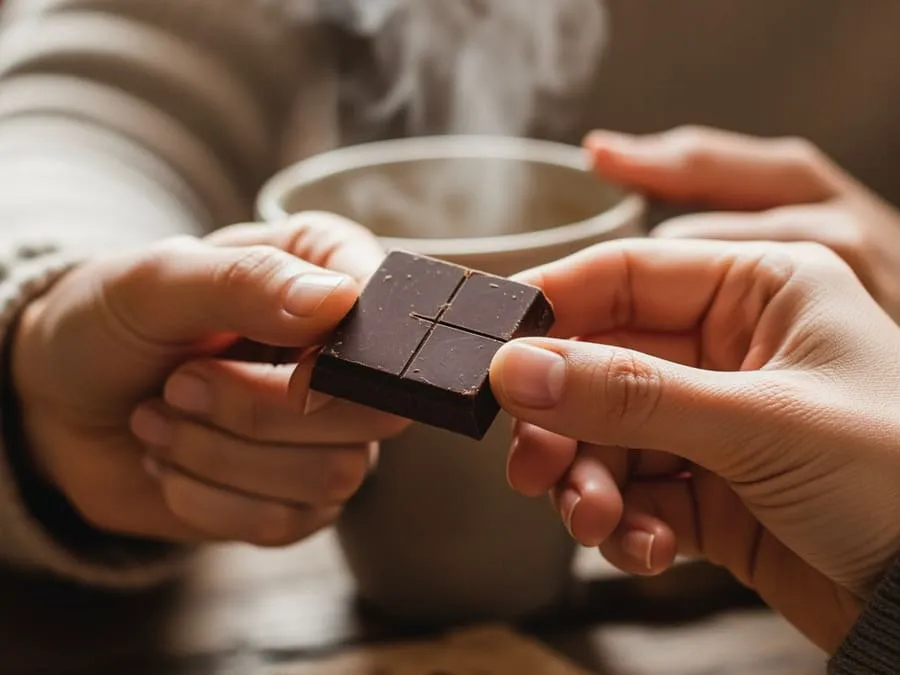 Fotografia de mãos segurando um quadradinho de chocolate amargo com uma xícara ao fundo, em um momento de prazer consciente.