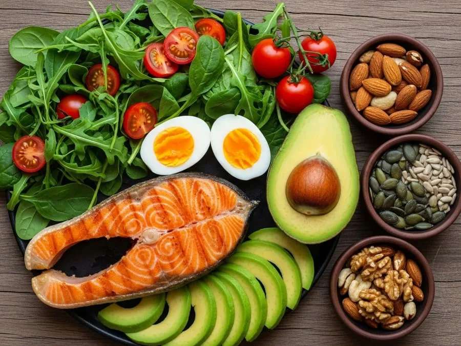 Prato low carb com salmão grelhado, ovos, abacate, salada verde e castanhas.