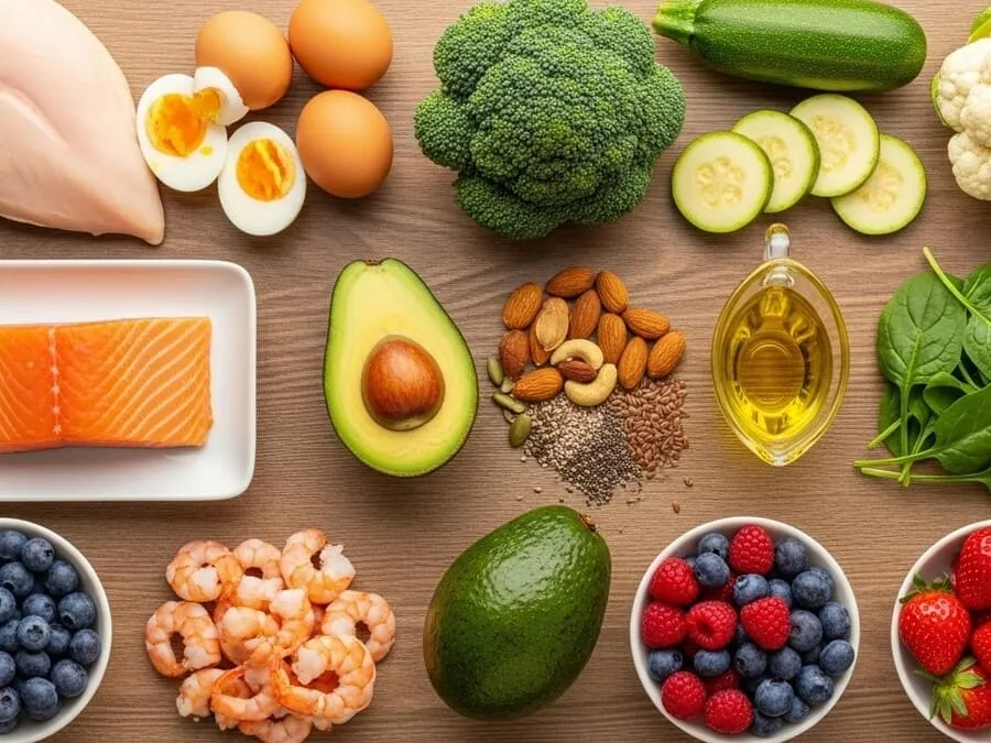 Alimentos permitidos na dieta low carb organizados em grupos sobre mesa de madeira.