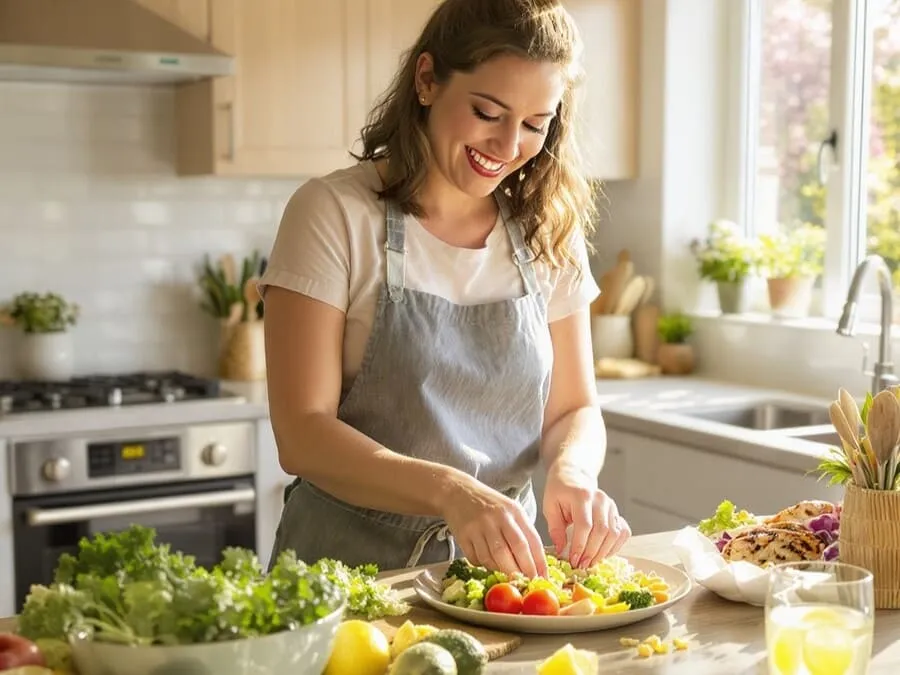 Pessoa feliz preparando refeição low carb em cozinha iluminada e moderna.