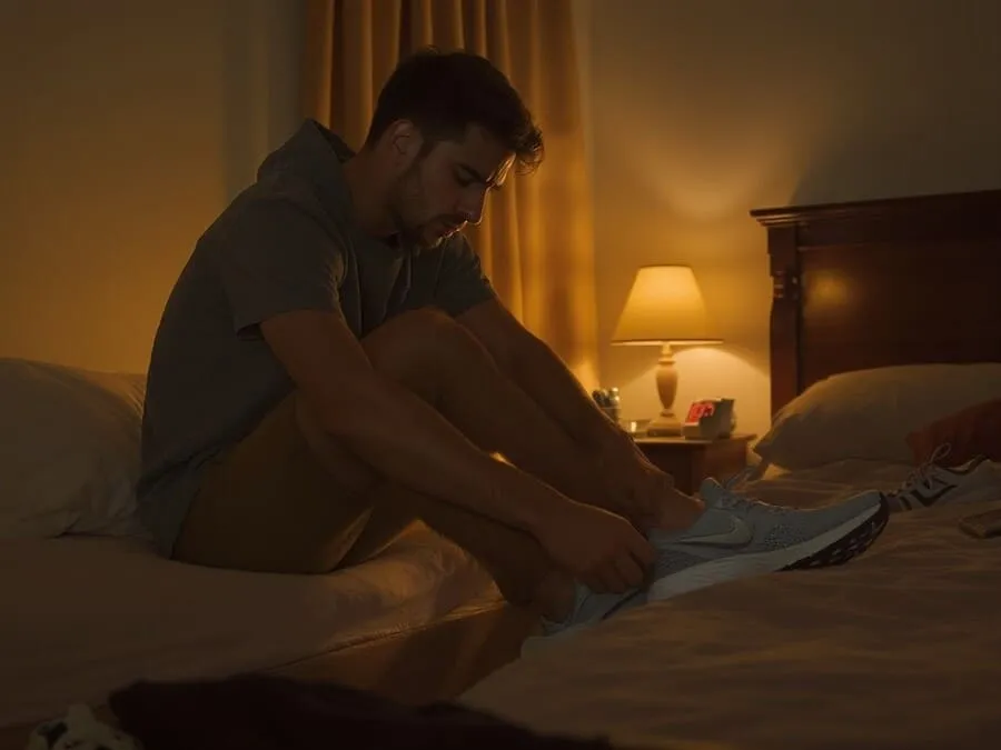 Pessoa indecisa entre colocar os tênis de corrida e deitar para dormir, representando o dilema entre exercício e sono.
