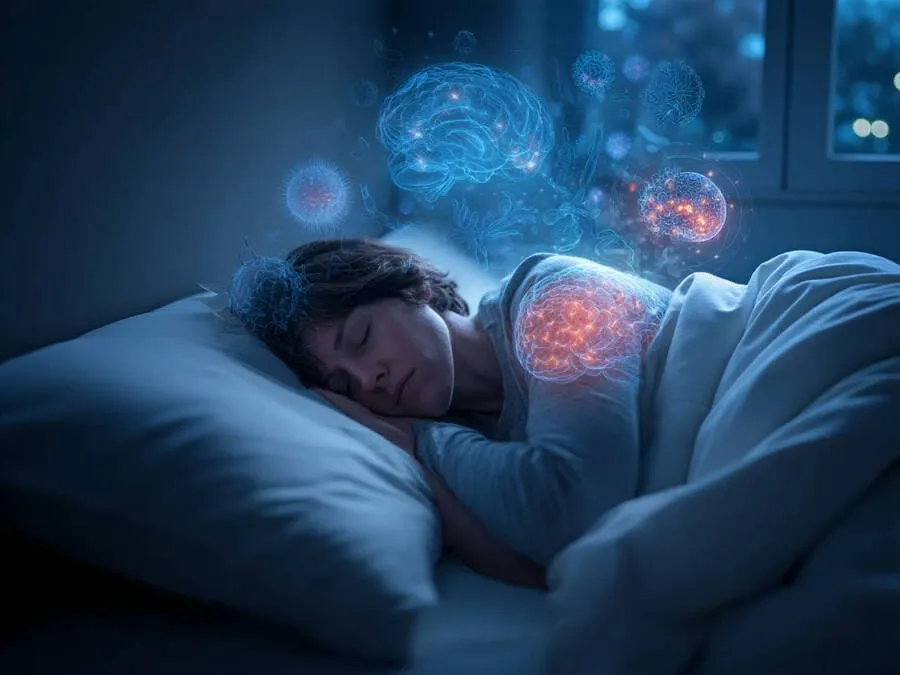Pessoa dormindo profundamente enquanto ícones ilustram processos internos de recuperação corporal.