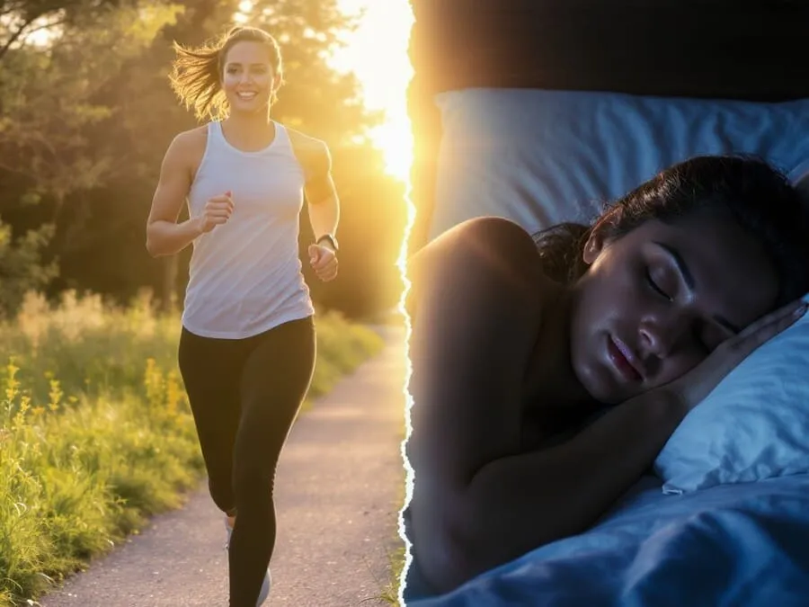 exercício ou sono. Montagem mostrando uma pessoa correndo de manhã e dormindo à noite, simbolizando equilíbrio entre sono e exercício.