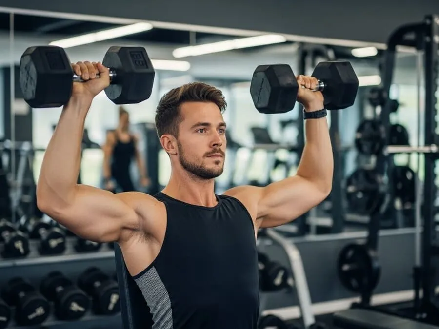 Fotografia de um atleta em uma academia levantando halteres no exercício de desenvolvimento, com foco nos ombros e técnica correta, em um ambiente bem iluminado.