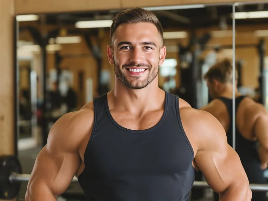 Fotografia de um atleta confiante em frente a um espelho na academia, exibindo ombros definidos após um treino de musculação, com ambiente motivador ao fundo.