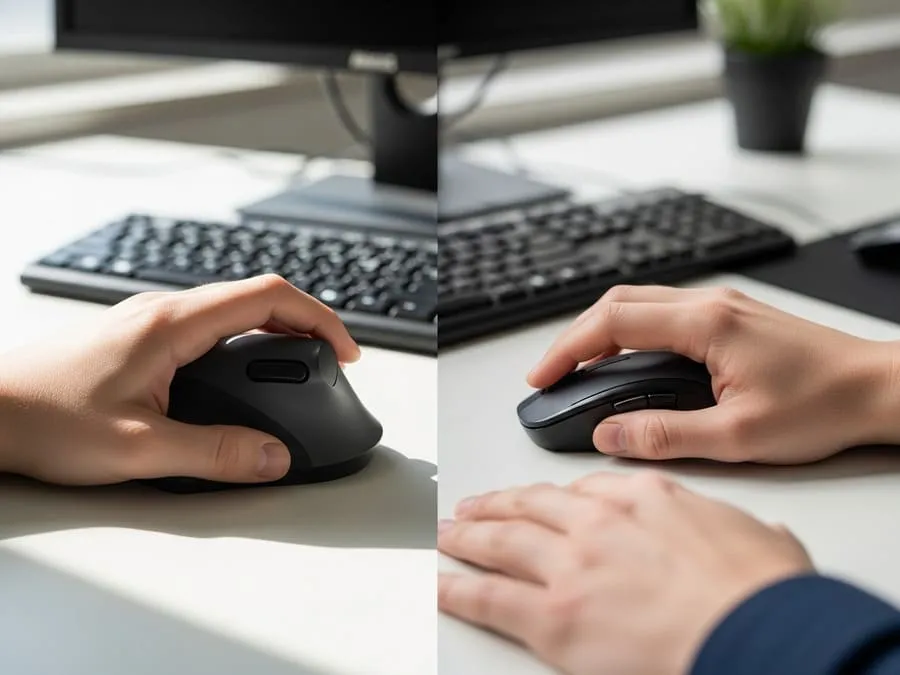 Fotografia comparativa de mãos usando mouse ergonômico vertical e mouse tradicional sobre uma mesa de trabalho, destacando posturas relaxada e tensa.
