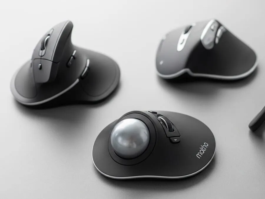 Imagem de mouses ergonômicos variados, incluindo vertical, trackball e flexível, dispostos sobre uma superfície neutra com detalhes de design.