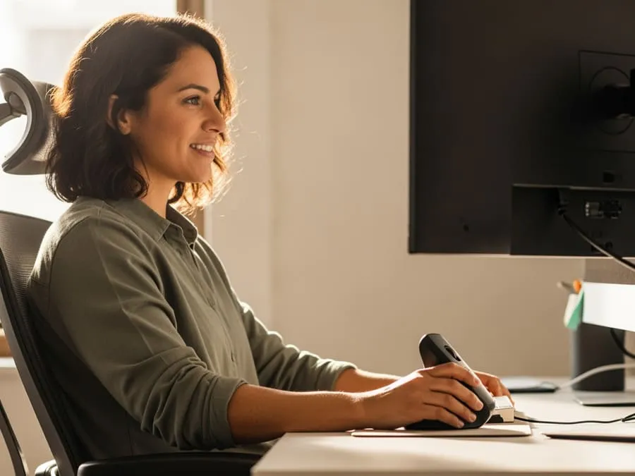 Fotografia de uma pessoa usando mouse ergonômico em uma estação de trabalho confortável, com postura relaxada e expressão focada.