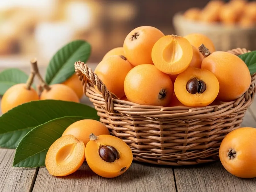 Fotografia de uma cesta de vime com nêsperas frescas douradas sobre uma mesa de madeira, com algumas frutas cortadas revelando a polpa suculenta, sob luz natural suave.