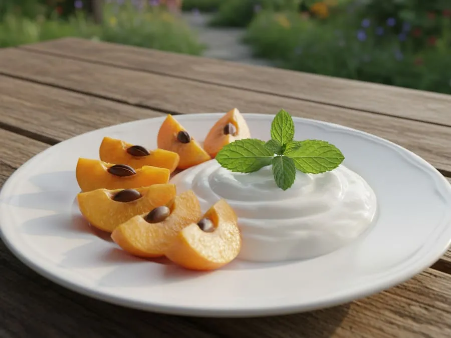 Fotografia de um prato de sobremesa com fatias de nêspera fresca, iogurte e hortelã, servido em uma mesa ao ar livre, sob luz natural.