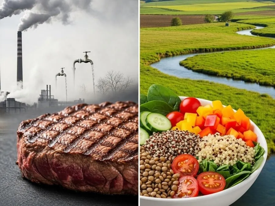 proteína vegetal Comparação visual: carne vermelha associada à poluição e alto consumo de água versus proteínas vegetais ligadas à sustentabilidade.