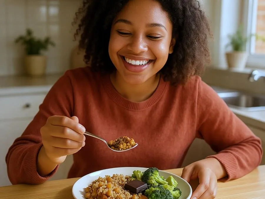 Pessoa feliz em cozinha moderna saboreando prato colorido com quinoa, grão-de-bico, abacate, brócolis e tofu.