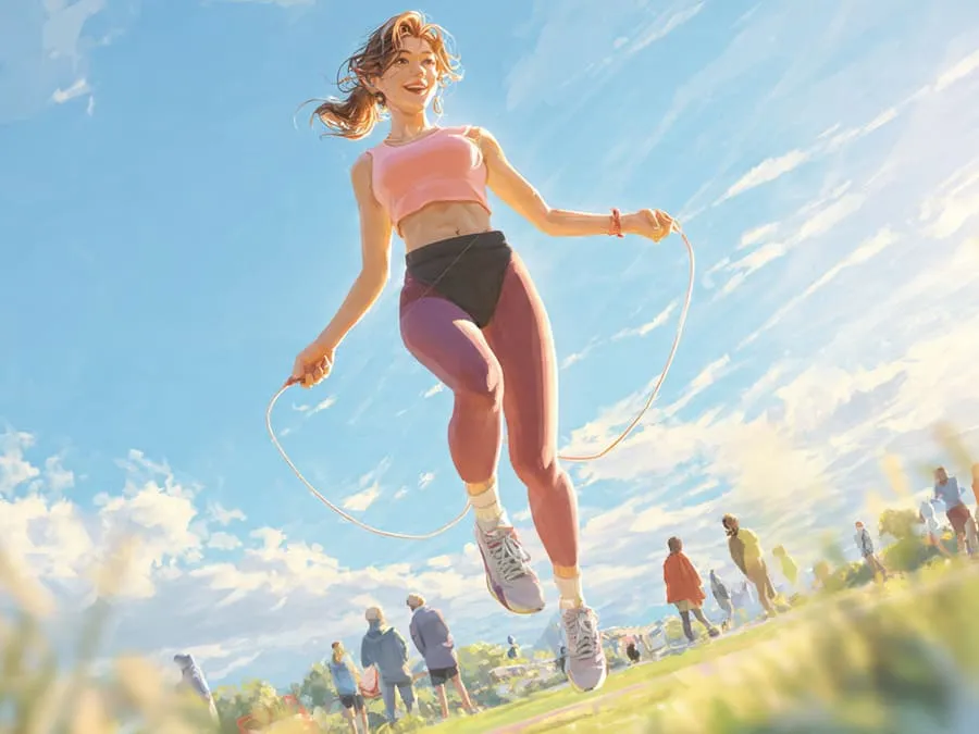 Imagem de uma pessoa pulando corda em um parque ensolarado, com sorriso de determinação, e adultos mais velhos ao fundo, simbolizando saúde e envelhecimento ativo.