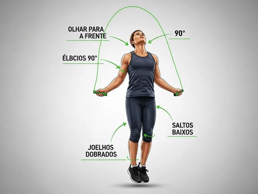 Ilustração de uma pessoa pulando corda com postura correta, com anotações visuais destacando técnica e pontos-chave para iniciantes.