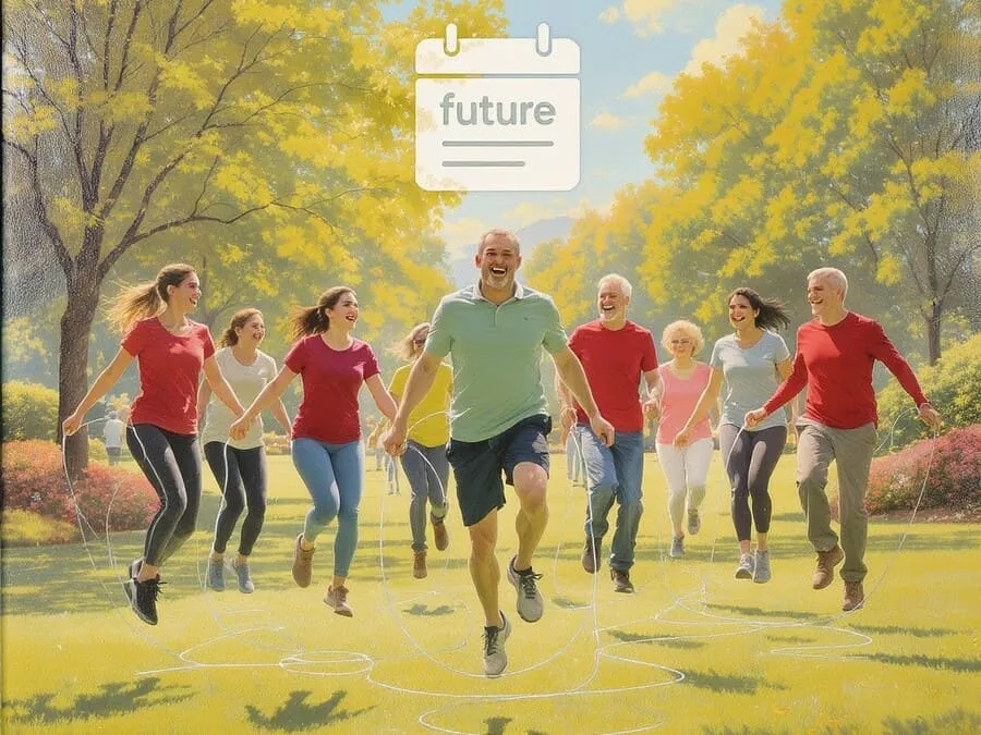 Cena de pessoas de diferentes idades pulando corda juntas em um parque, representando energia, comunidade e envelhecimento saudável.