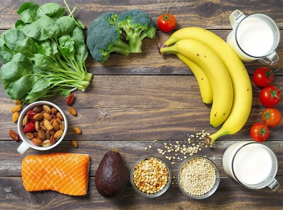 Mesa rústica com vegetais, peixes, frutas, grãos e laticínios ricos em sais minerais.