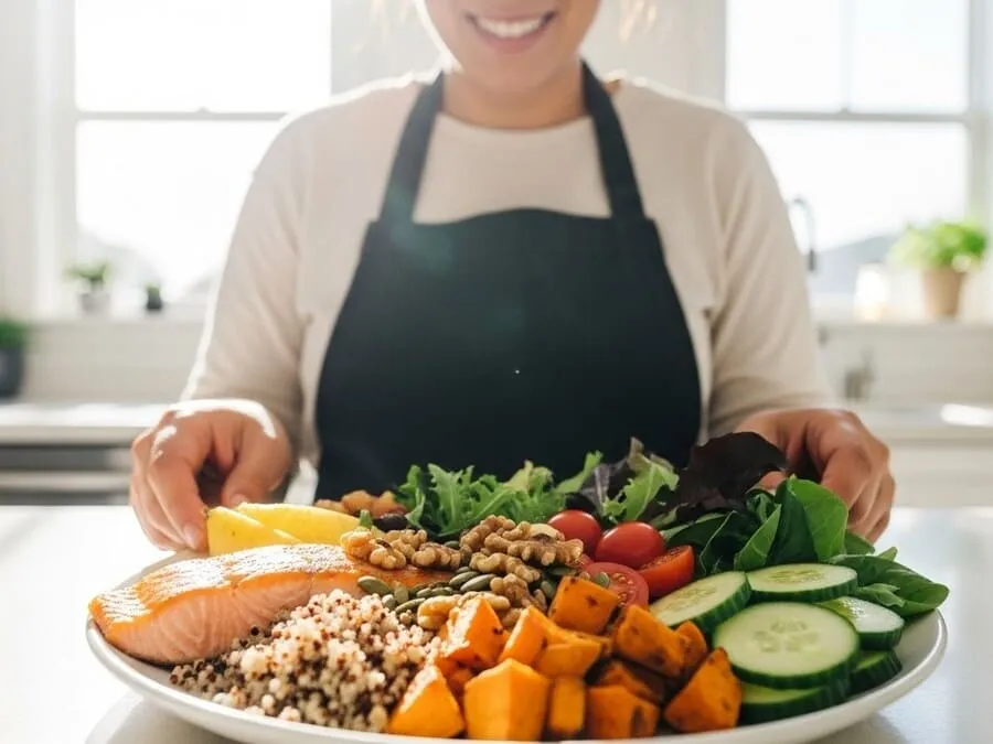 Pessoa feliz preparando refeição equilibrada com alimentos ricos em minerais em cozinha iluminada.