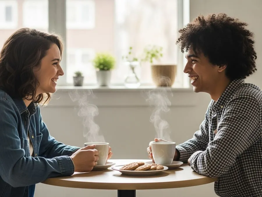 solidão digital. Dois jovens conversando animadamente enquanto tomam chá e comem biscoitos, demonstrando conexão humana real