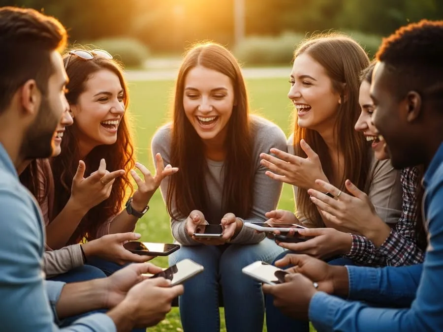 Grupo diverso de jovens da Geração Z conversando alegremente em círculo ao ar livre, representando reconexão humana