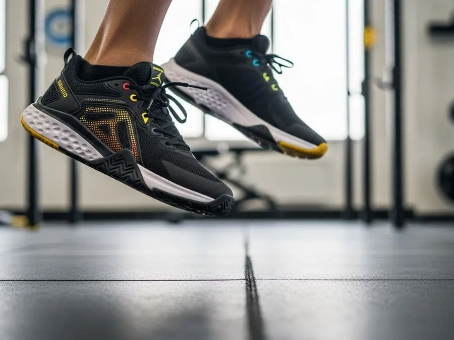 tênis para atividade física . Imagem de um close nos pés de um atleta usando tênis de cross training durante um salto em uma academia, com piso emborrachado e detalhes do tênis em destaque.