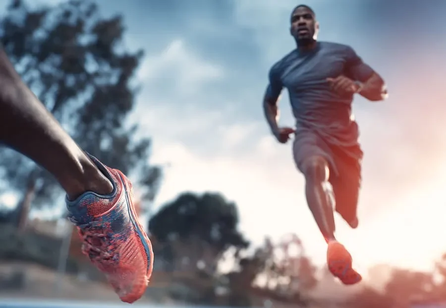 Fotografia de um atleta correndo ao ar livre em uma trilha, usando tênis de corrida com amortecimento, sob luz natural suave, com foco nos pés.
