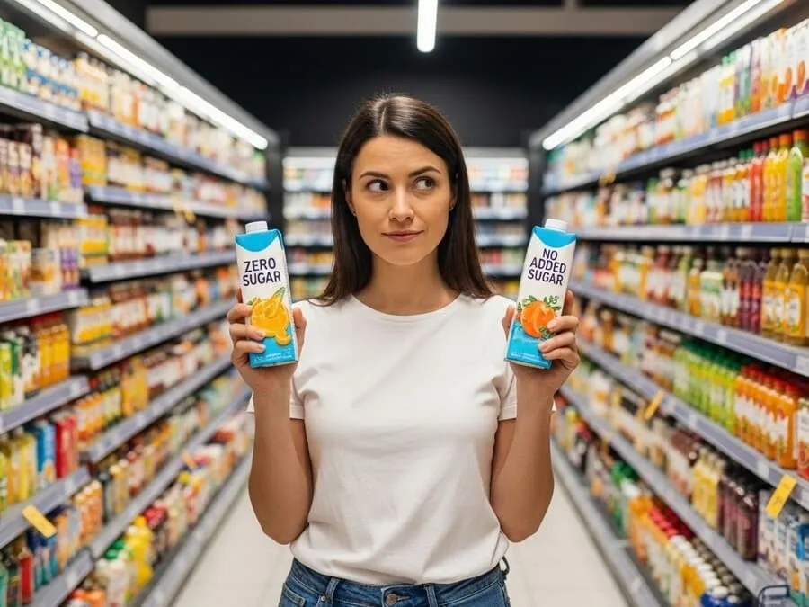Pessoa comparando dois produtos no supermercado, um com rótulo zero açúcar e outro sem adição de açúcar.