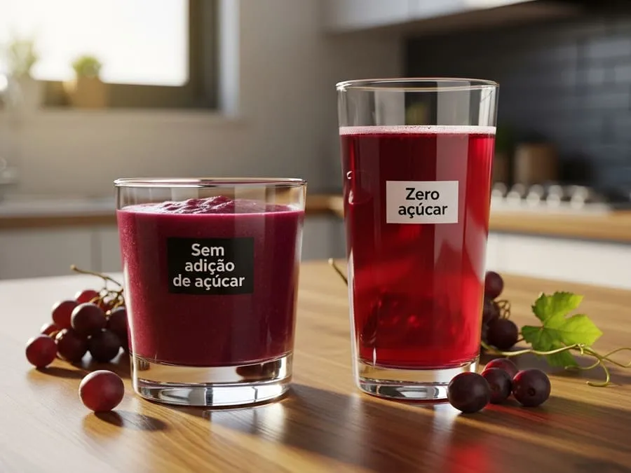Dois copos de suco de uva, um sem adição de açúcar e outro zero açúcar, mostrando a diferença visual entre eles.