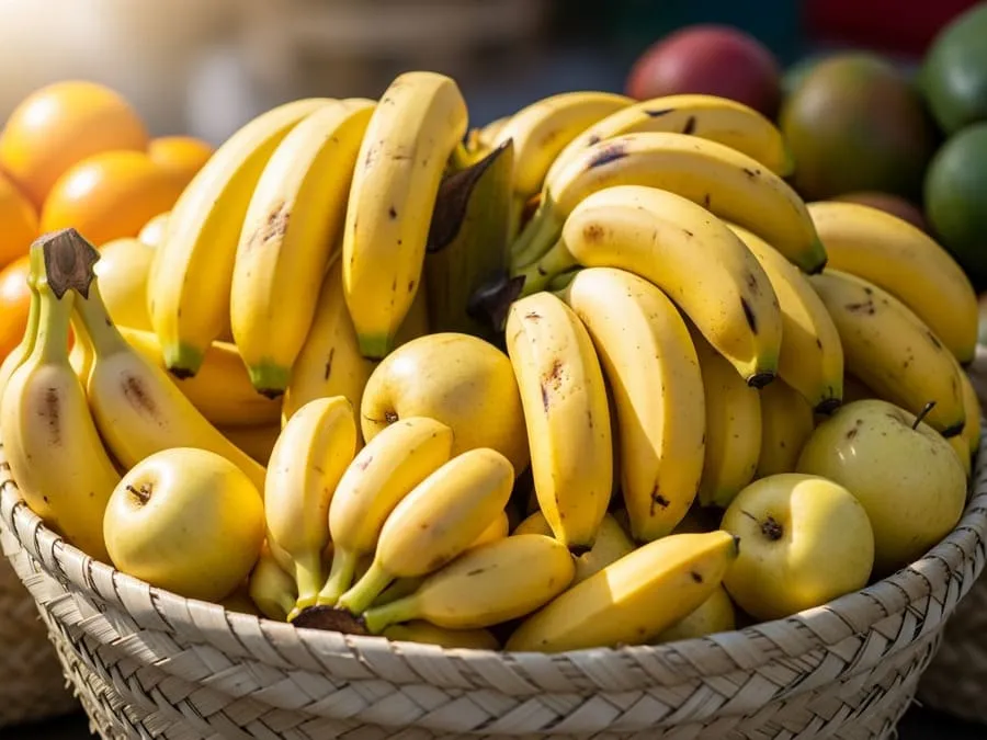 Cesto de palha cheio de cachos de banana Prata, Nanica e Maçã em uma banca de feira, sob luz natural da manhã