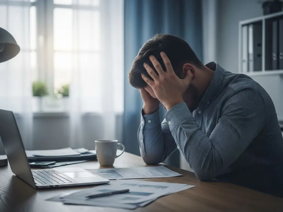 Fotografia realista de uma pessoa cansada no escritório em casa, com cabeça nas mãos, laptop e papéis ao redor, luz suave da manhã.