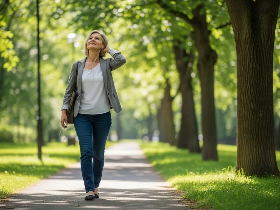 Fotografia de uma pessoa serena caminhando em um parque verde, vestindo roupa casual de trabalho, representando um momento de relaxamento.