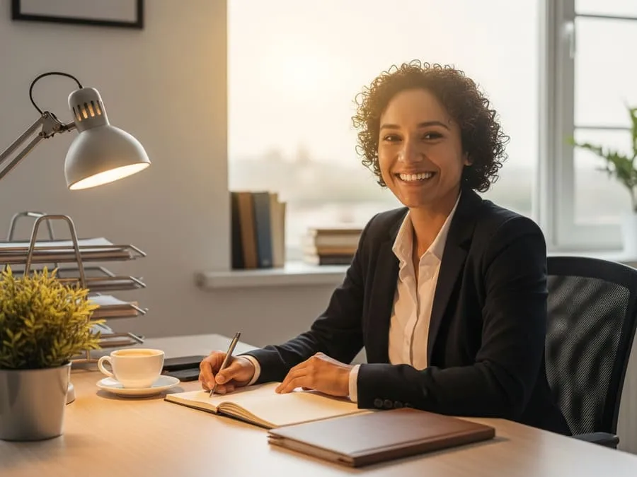 Fotografia de um profissional sorridente em um escritório organizado, com planta e café na mesa, simbolizando equilíbrio entre trabalho e vida.