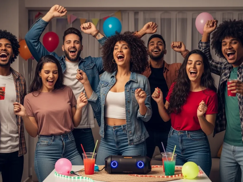 Jovens dançando felizes em festa caseira com mocktails nas mãos, mostrando diversão na abstenção álcool.