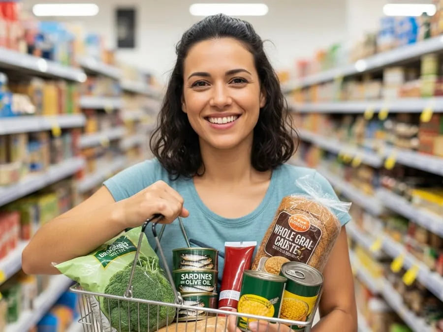 Mulher feliz no supermercado com cesta de alimentos industrializados saudáveis