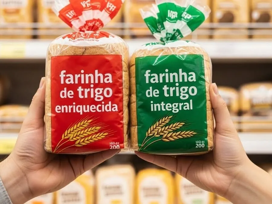 Pessoa comparando rótulos de pão de forma para escolher o integral de verdade.