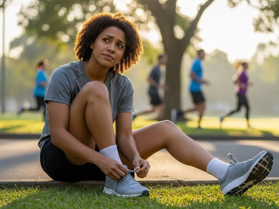 Pessoa amarrando o tênis com cara de quem está repensando o alongamento antes do treino