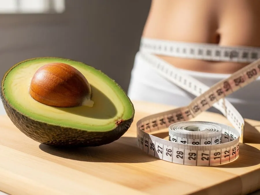 Metade de abacate maduro cremoso sobre tábua de madeira ao lado de fita métrica enrolada na cintura, luz natural da manhã.