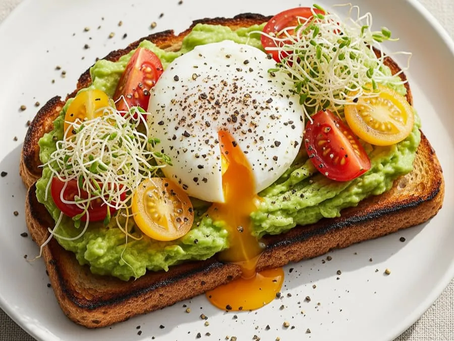 Torrada integral com abacate amassado, ovo pochê, tomate-cereja e brotos, em prato branco com luz natural.