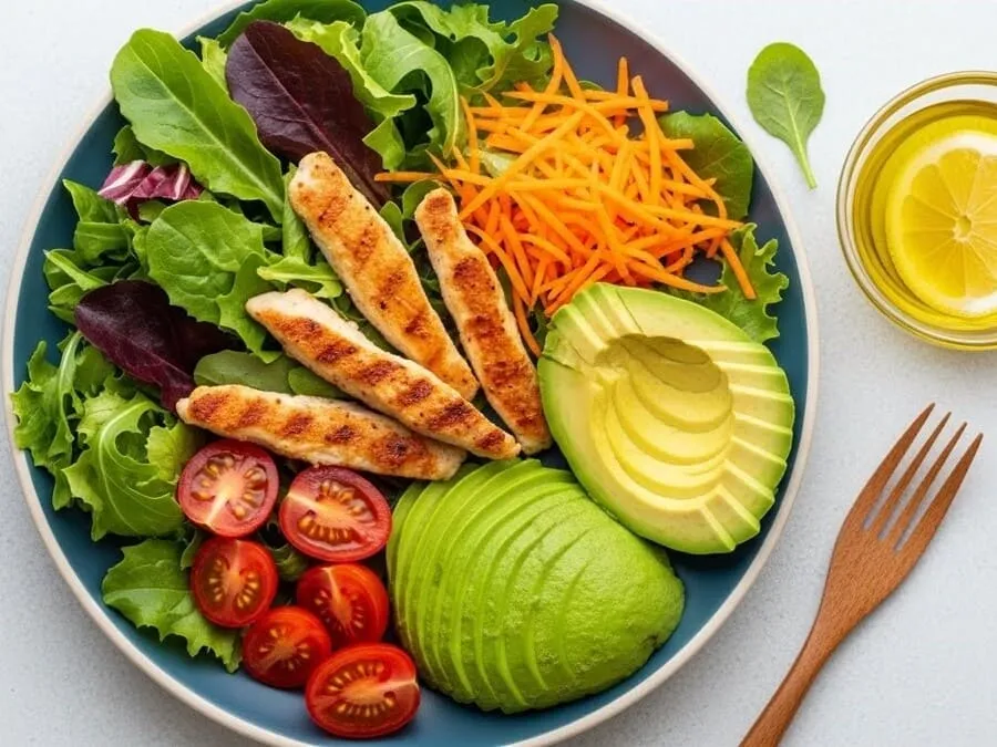 Prato colorido visto de cima com salada, frango grelhado e fatias de abacate em leque, luz natural do almoço.