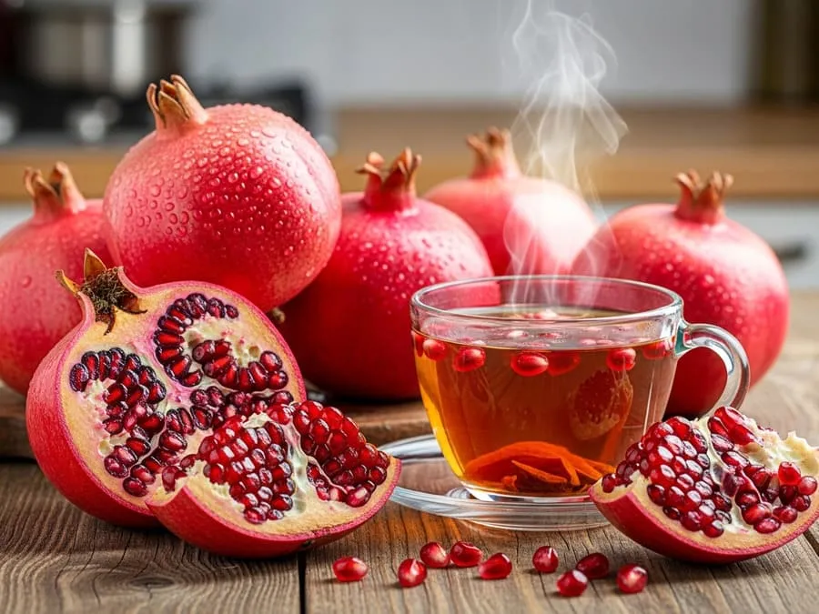Fotografia de romãs frescas abertas com sementes vermelhas ao lado de uma xícara de chá fumegante, sob luz natural suave