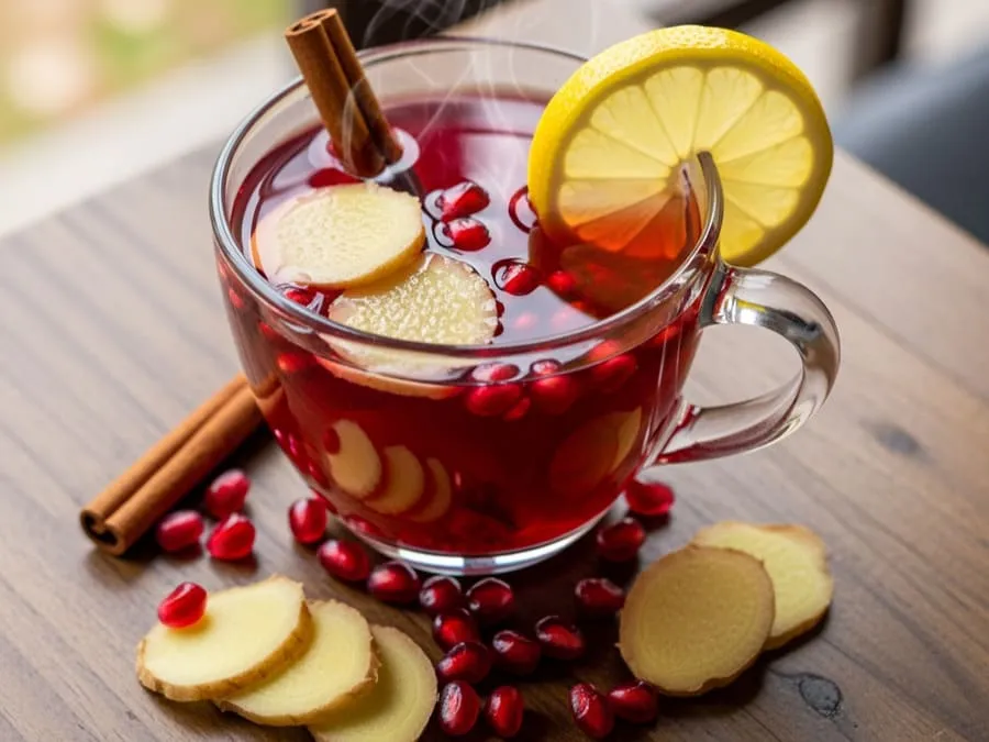 Fotografia de uma xícara de chá de romã com gengibre, limão e canela ao lado, sobre uma mesa de madeira sob luz natural.