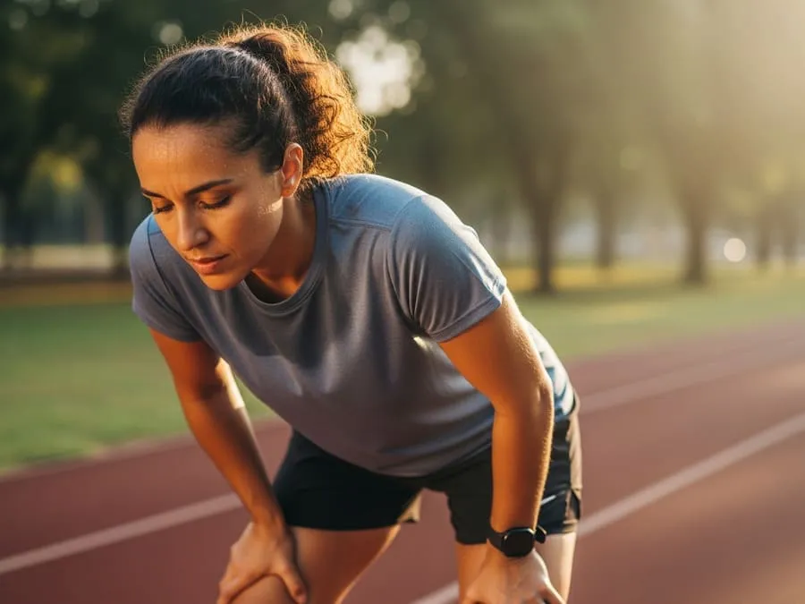 Pessoa recuperando o fôlego com as mãos nos joelhos durante treino ao ar livre.