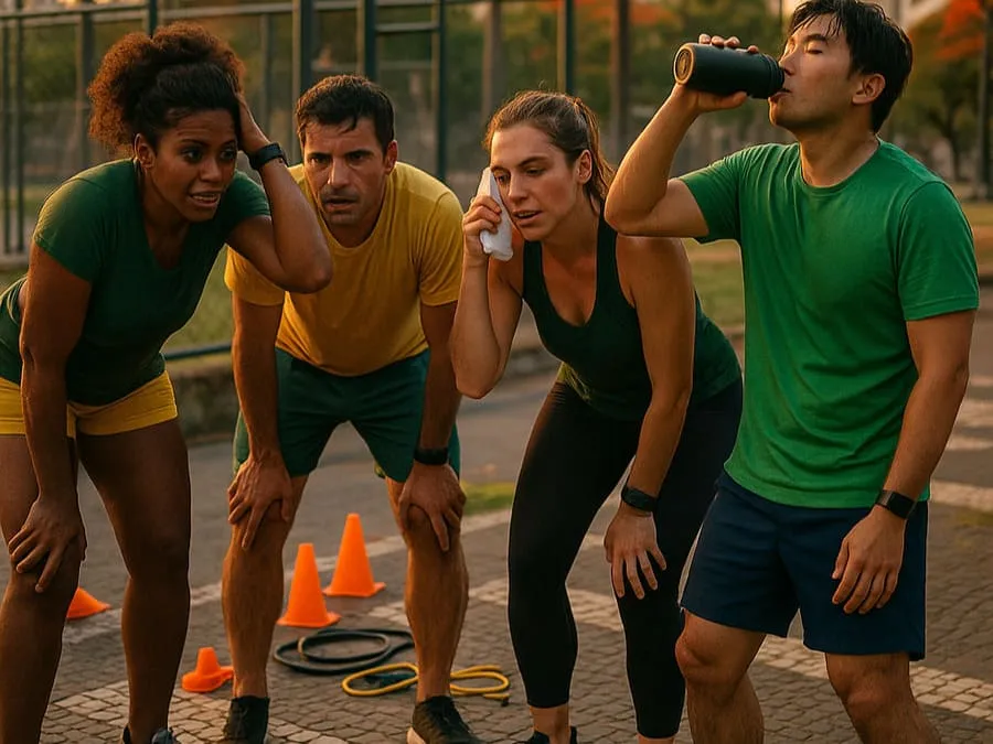 falta de fôlego no exercício. Grupo recuperando o fôlego e bebendo água entre séries de treino intenso